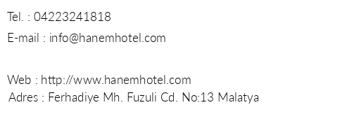 Hanem Hotel telefon numaralar, faks, e-mail, posta adresi ve iletiim bilgileri